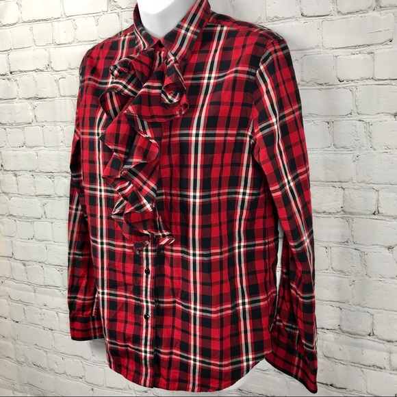 Lauren RL Plaid Holiday Button Down Ruffle Shirt - Picture 3 of 4